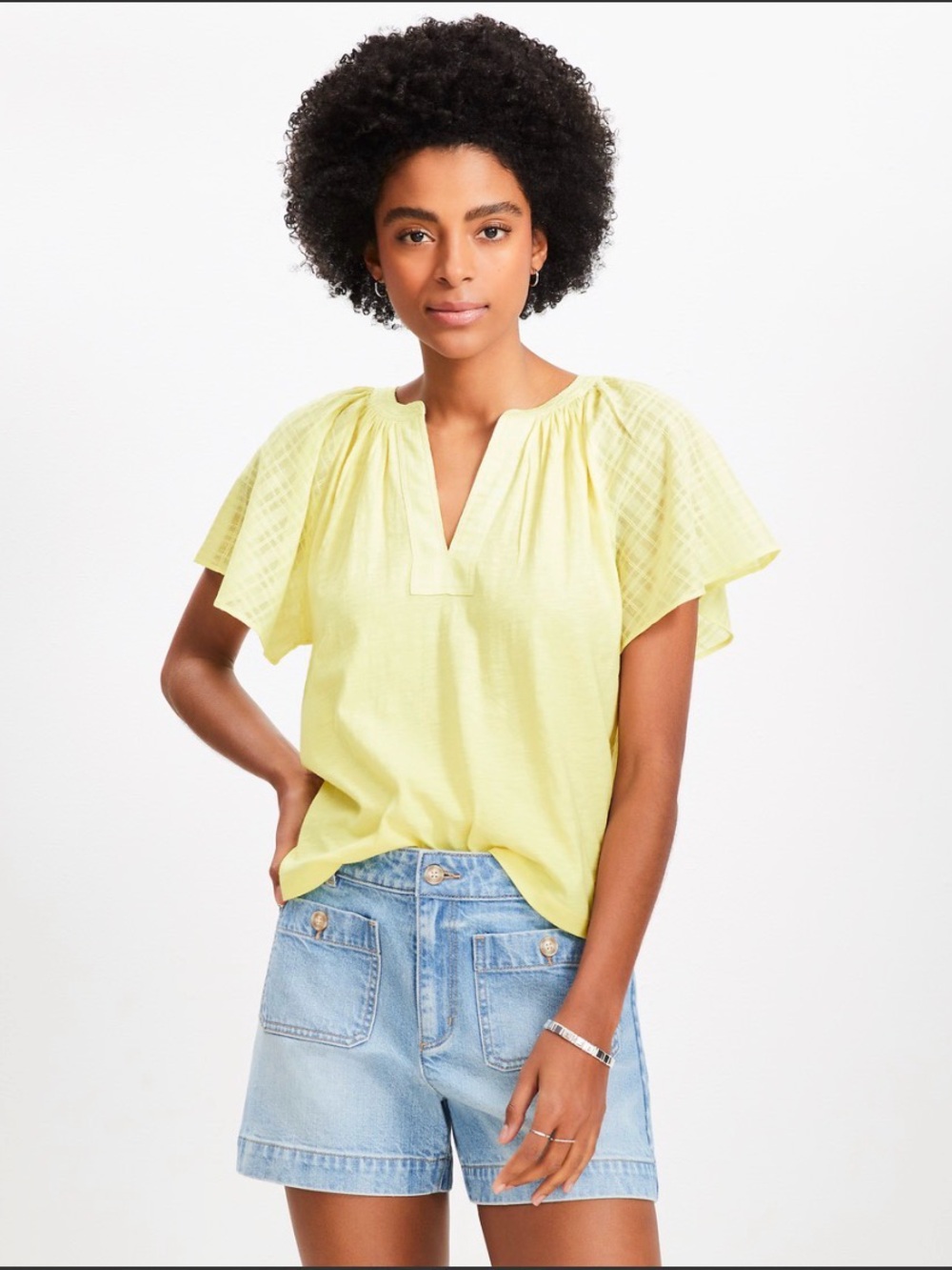 LOFT Light Yellow Flutter-Sleeve V-Notch Blouse